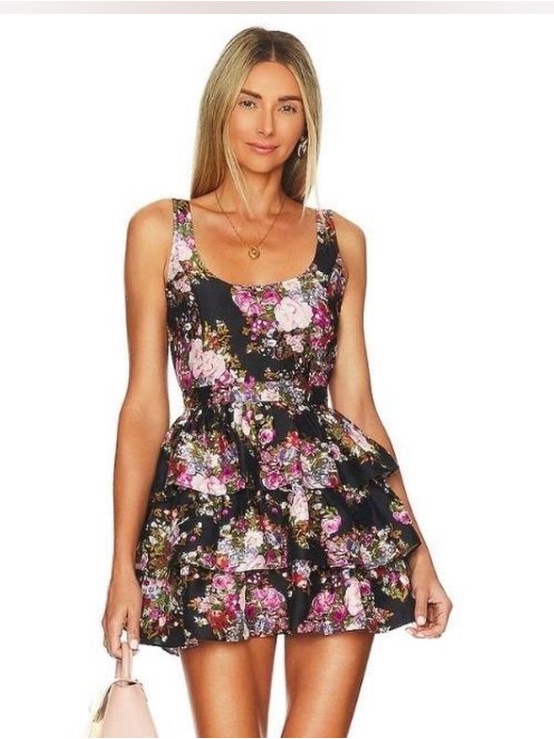 Loveshackfancy Black Floral Tiered Scoop-Neck Mini Dress